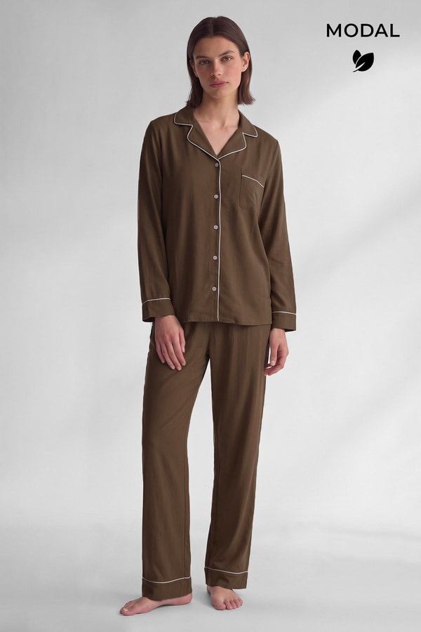 Mısırlı Kadın Modal Biye Detaylı Pijama Takım Kahverengi