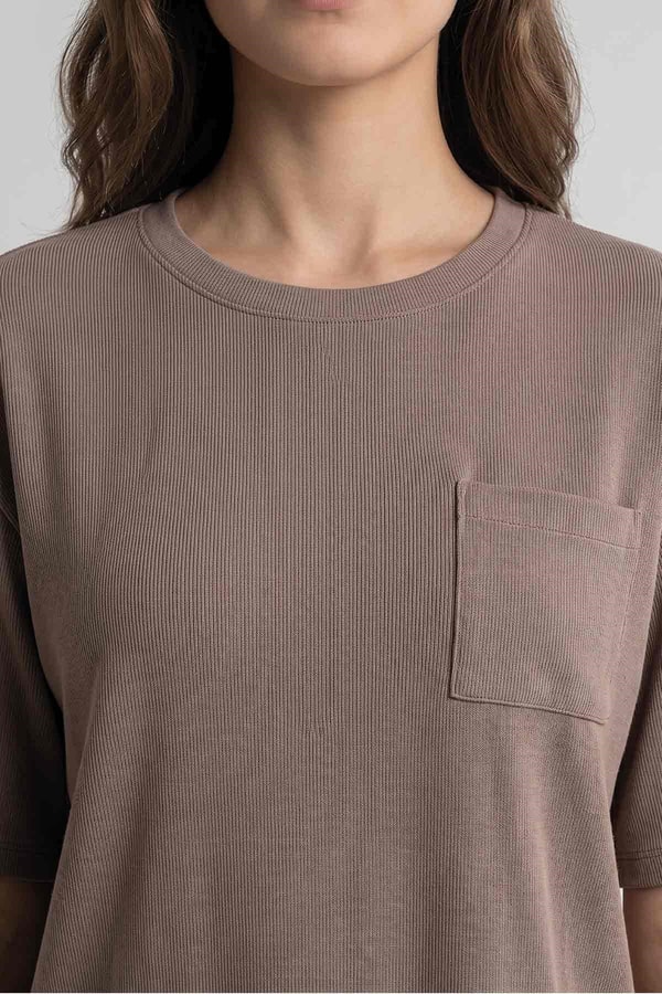 Mısırlı Kadın Modal Oversize Cepli T-shirt Şort Takım Açık Kahverengi