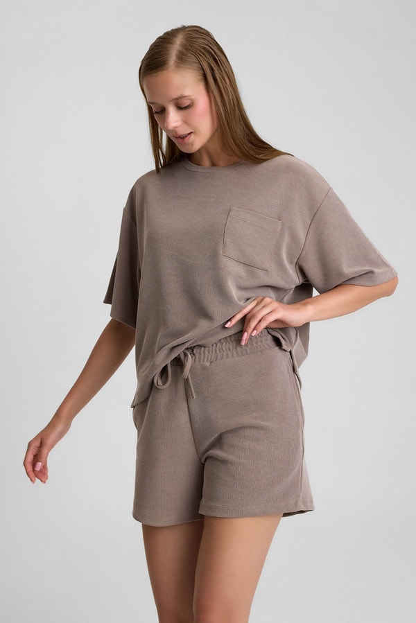 Mısırlı Kadın Modal Oversize Cepli T-shirt Şort Takım Açık Kahverengi