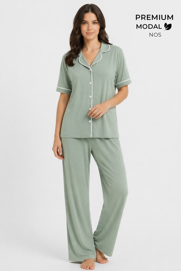 Mısırlı Kadın Modal Pijama Takım Çağla Yeşili