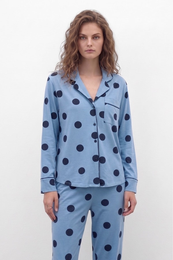 Mısırlı Kadın Modal Puantiyeli Gömlek Pijama Takım Bebe Mavisi