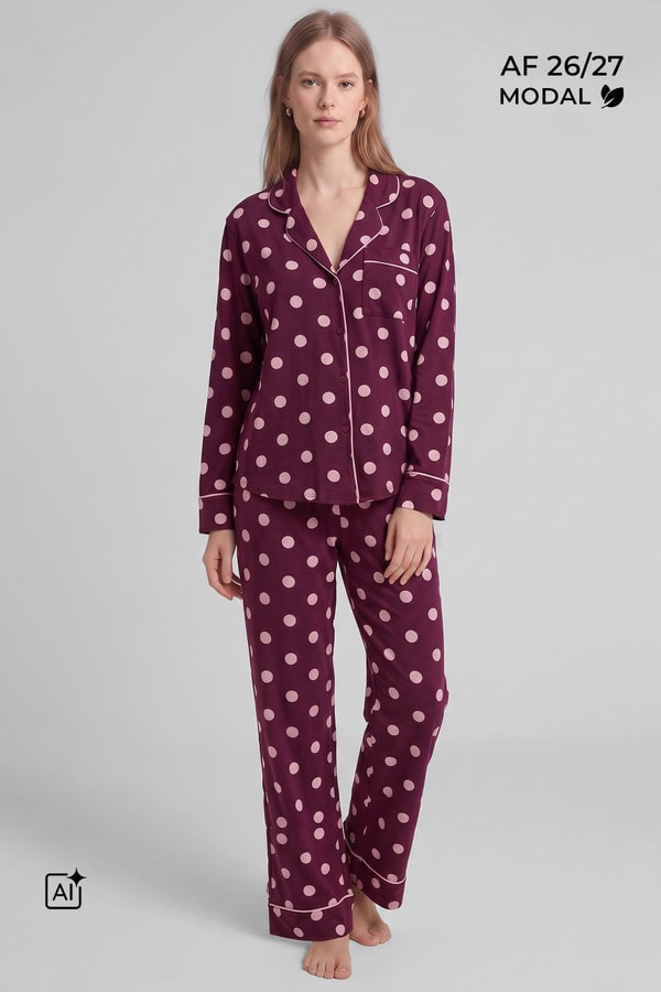 Mısırlı Kadın Modal Puantiyeli Pijama Takımı Bordo