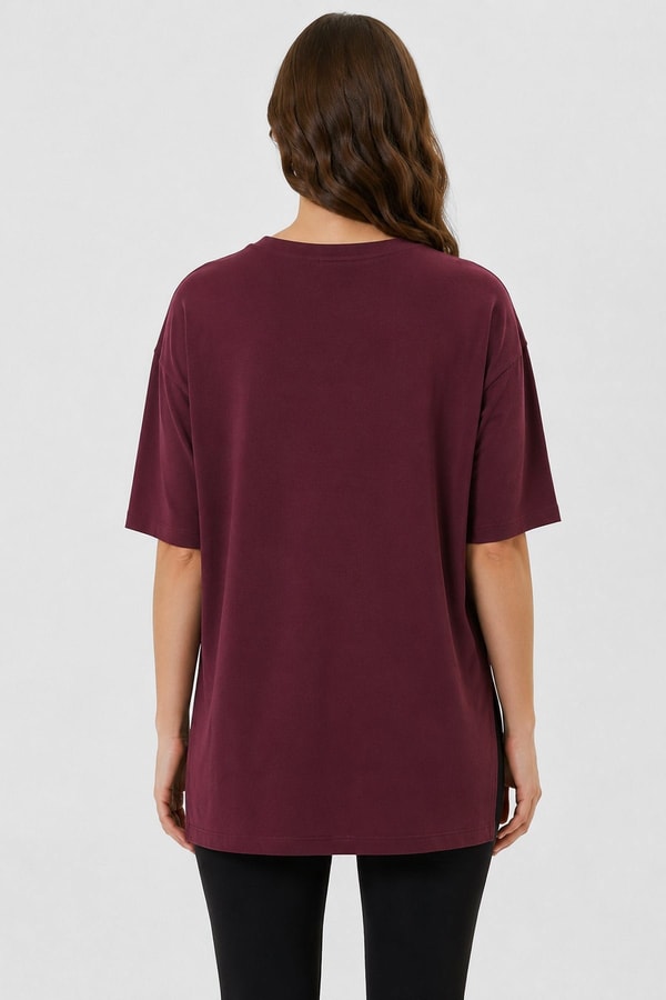Mısırlı Kadın Modal Uzun Yırtmaçlı T-Shirt Bordo