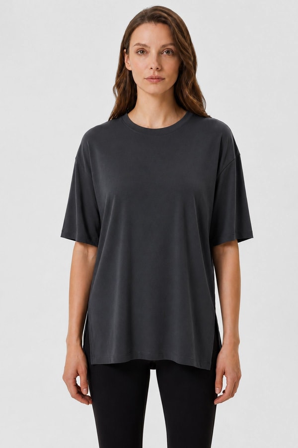Mısırlı Kadın Modal Uzun Yırtmaçlı T-Shirt Antrasit