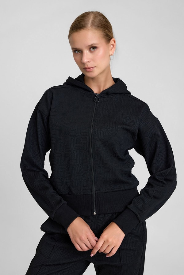 Mısırlı Kadın Monogram Desen Kapşonlu Sweatshirt Siyah