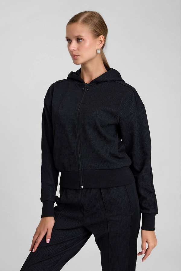 Mısırlı Kadın Monogram Desen Kapşonlu Sweatshirt Siyah