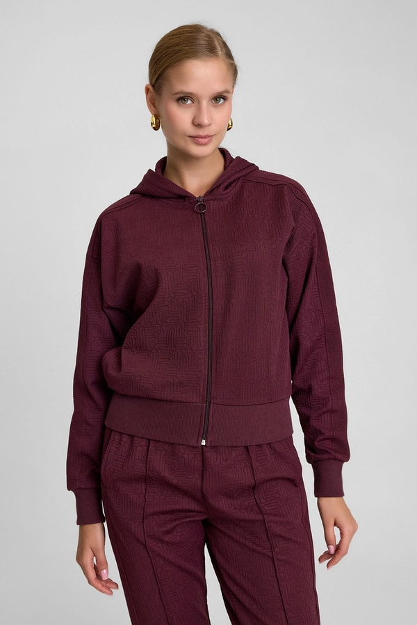 Mısırlı Kadın Monogram Desen Kapşonlu Sweatshirt Bordo