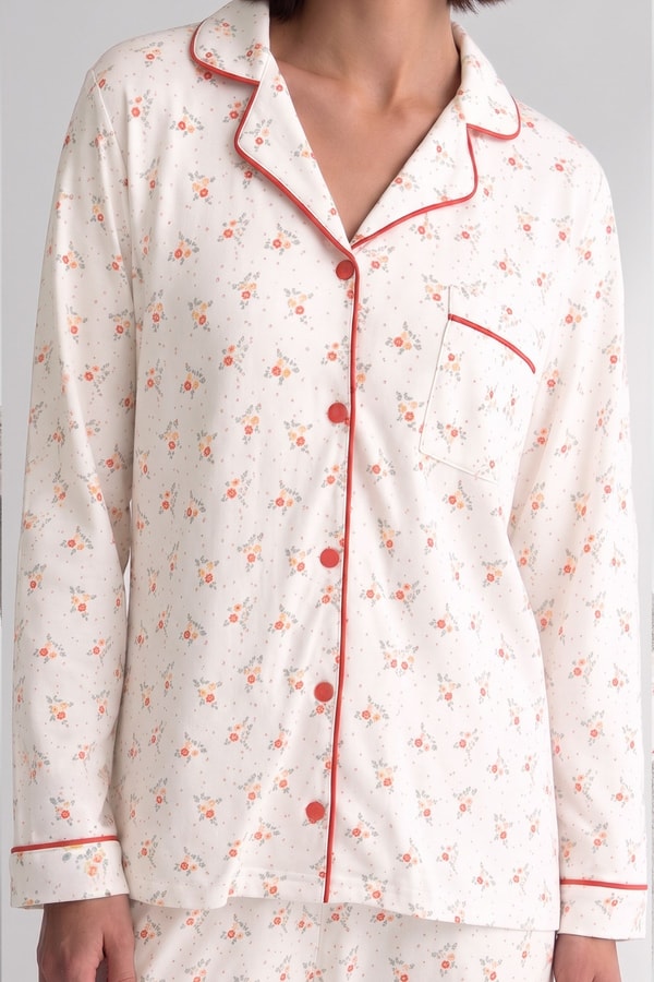 Mısırlı Kadın Önden Düğmeli Biyeli Pijama Takım Turuncu