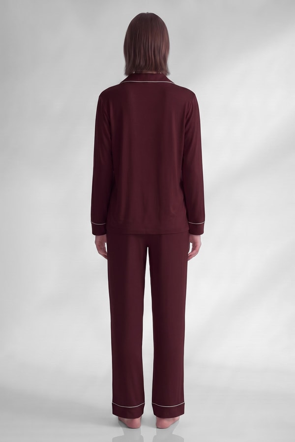 Mısırlı Kadın Pamuk Karışımlı Düz Pijama Takım Bordo