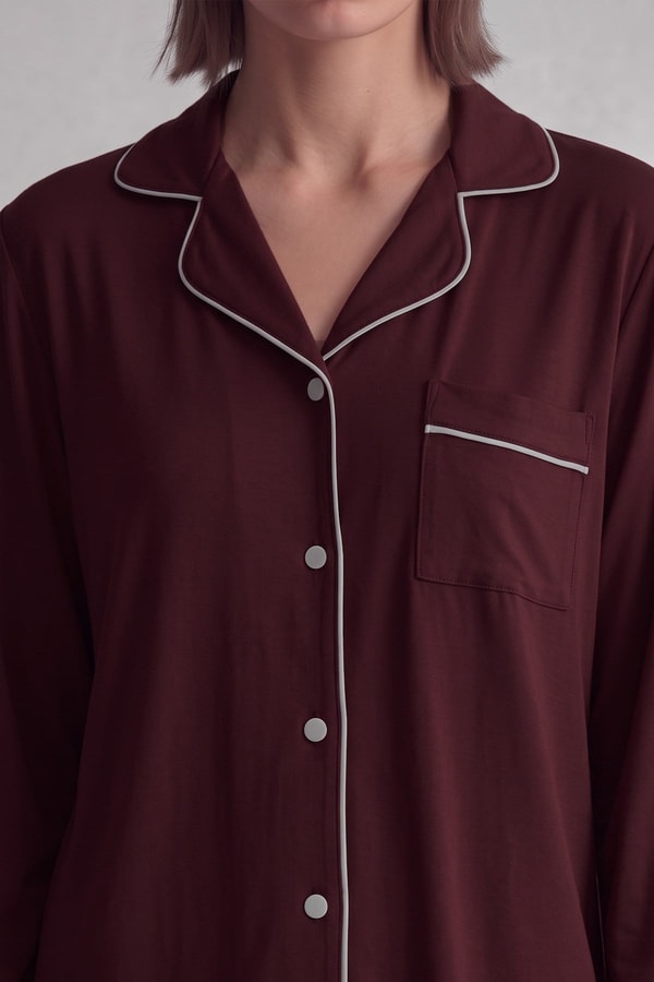 Mısırlı Kadın Pamuk Karışımlı Düz Pijama Takım Bordo