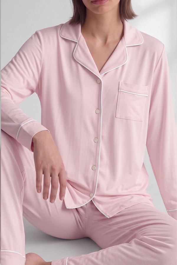Mısırlı Kadın Pamuk Karışımlı Düz Pijama Takım Pudra