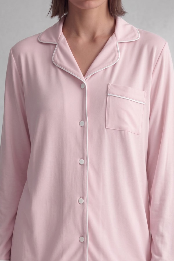 Mısırlı Kadın Pamuk Karışımlı Düz Pijama Takım Pudra