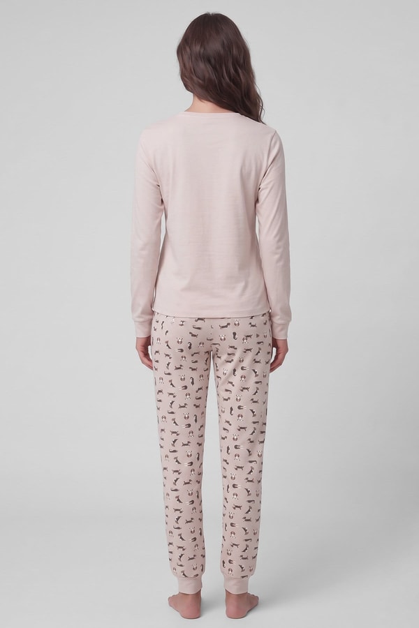 Mısırlı Kadın Pamuklu Baskılı Pijama Takım Ekru