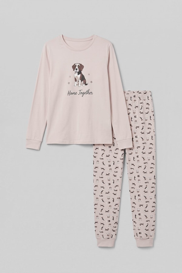 Mısırlı Kadın Pamuklu Baskılı Pijama Takım Ekru