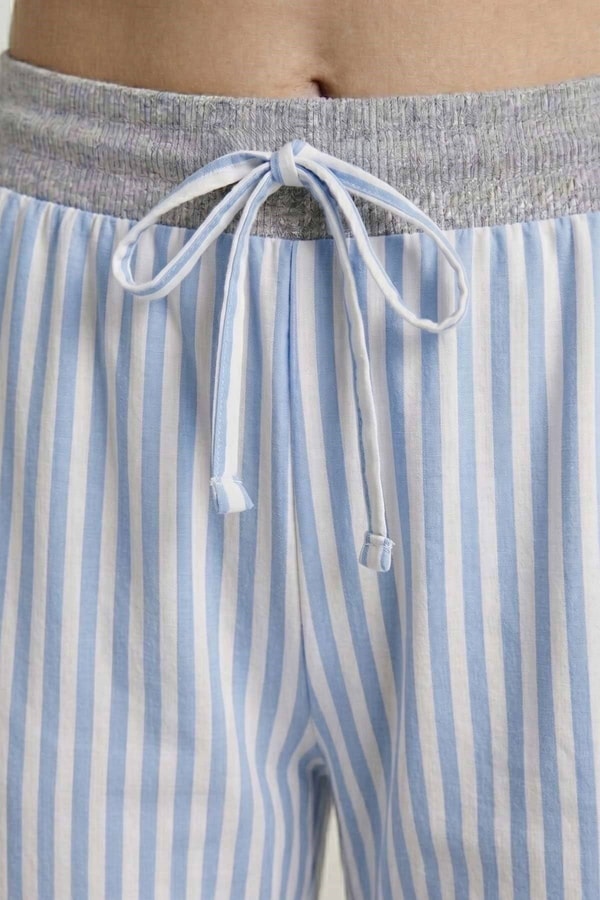 Mısırlı Kadın Pamuklu Çizgili Pijama Takım Gri/Mavi