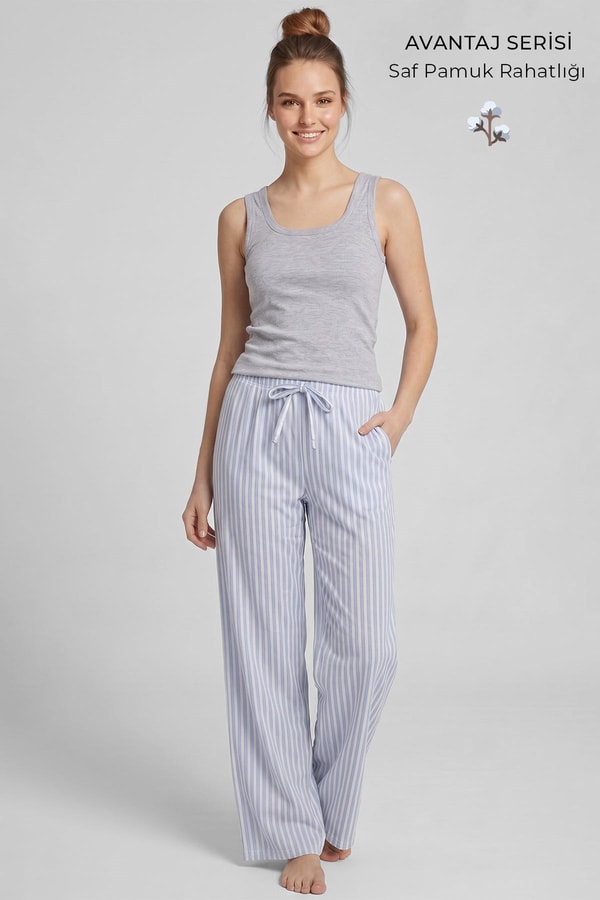 Mısırlı Kadın Pamuklu Çizgili Pijama Takım Gri/Mavi