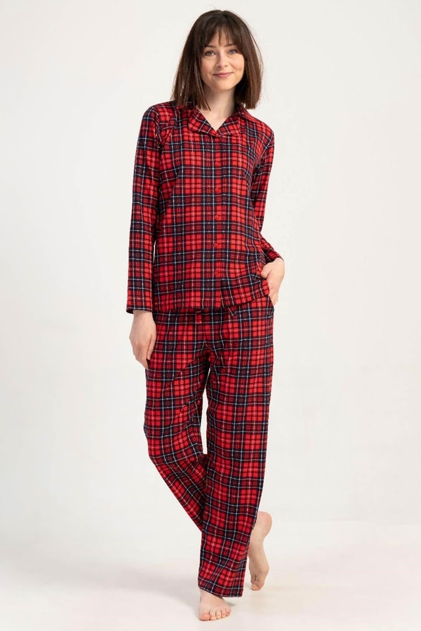 Mısırlı Kadın Pamuklu Ekoseli Uzun Kollu Gömlek Pijama Takımı Kırmızı