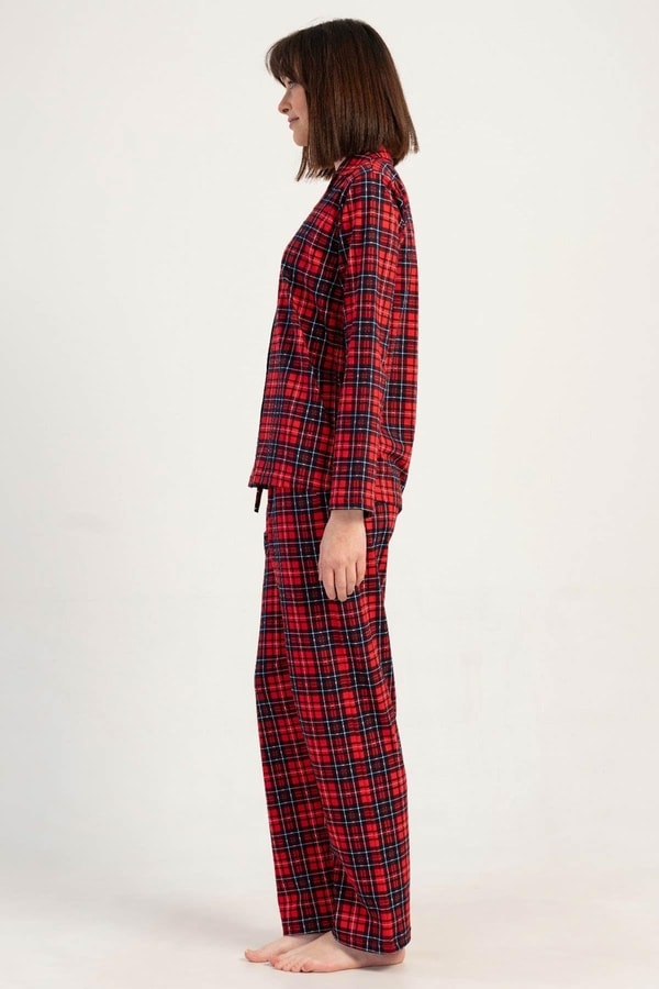 Mısırlı Kadın Pamuklu Ekoseli Uzun Kollu Gömlek Pijama Takımı Kırmızı