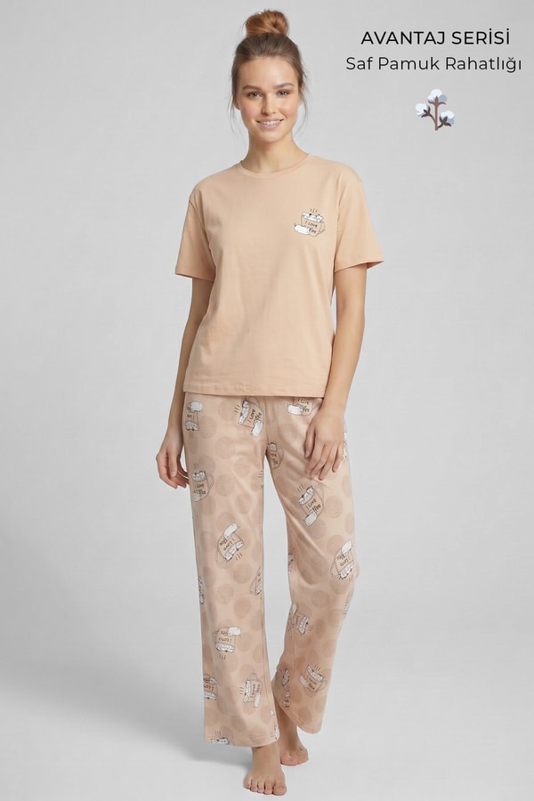 Mısırlı Kadın Pamuklu Pijama Takım Bej