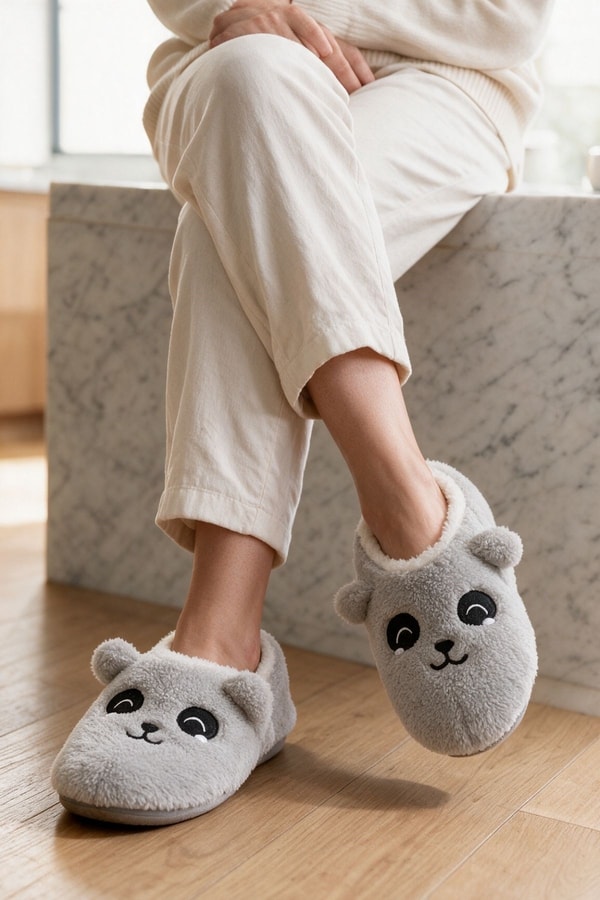 Mısırlı Kadın Panda Figürlü Panduf Açık Gri