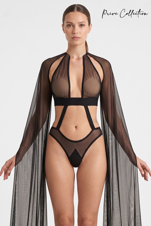 Mısırlı Kadın Tül Pelerinli Fantezi Body Siyah
