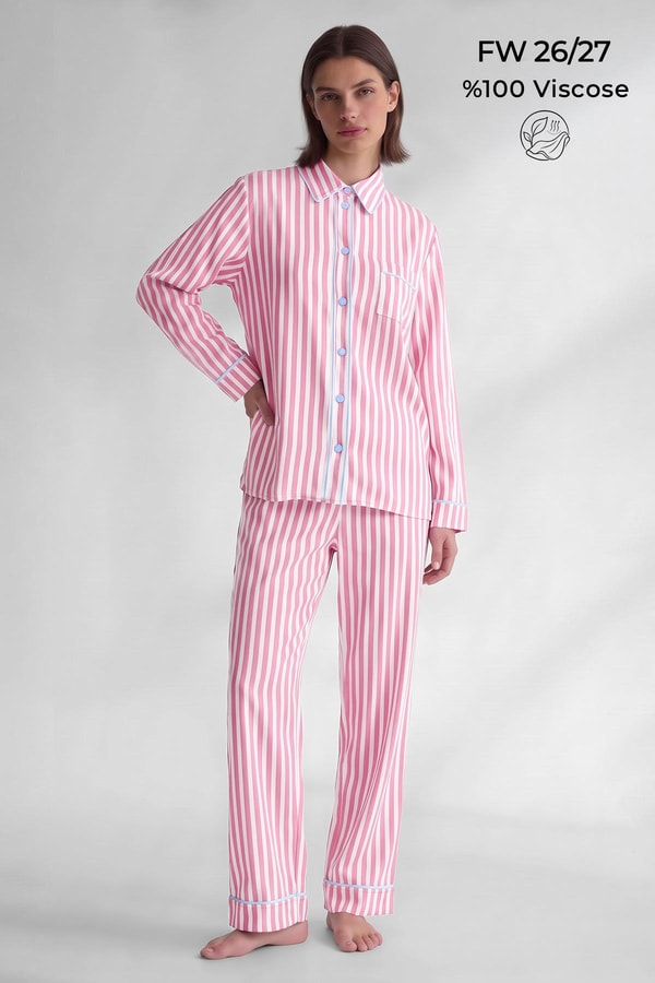 Mısırlı Kadın Viskon Çizgili Garni Detayli Pijama Takım Açık Pembe