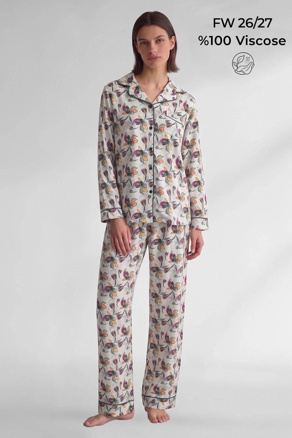 Mısırlı Kadın Viskon Sarı Çiçek Desenli Pijama Takım Sarı