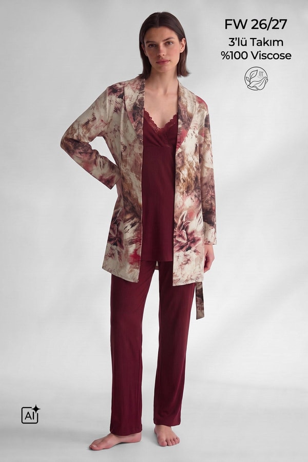 Mısırlı Kadın Viskon Üçlü Set Pijama Takım Bordo