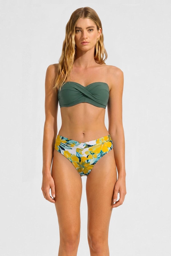 Mısırlı Kaplı Straplez Bikini Takım Sarı Çiçek Desen