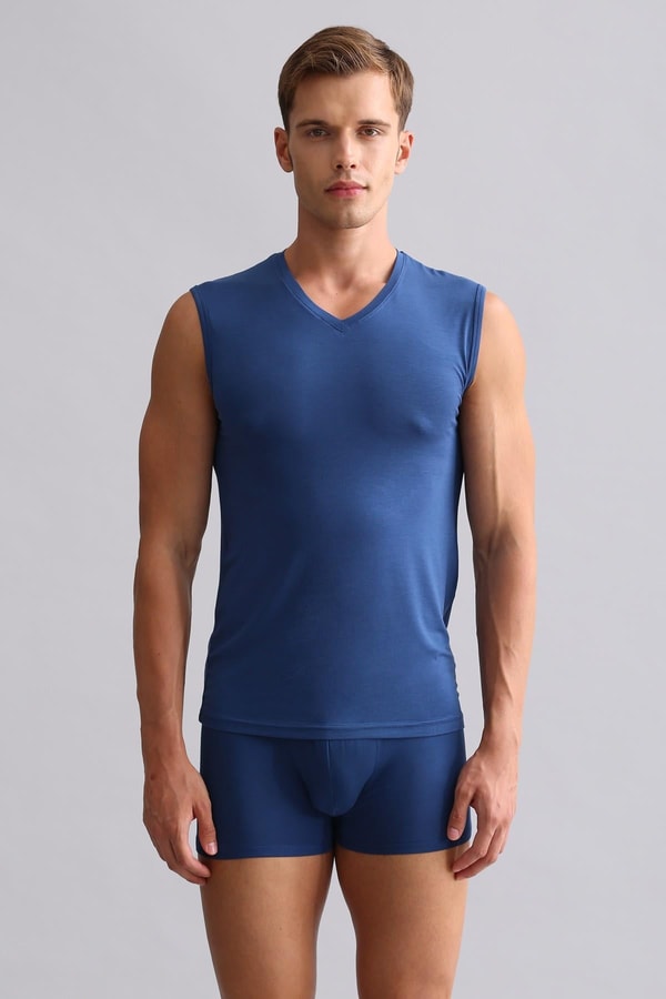 Mısırlı Modal by TENCEL HERCULES Slim Fit V Yaka Sporcu Atlet / T-Shirt Gece Mavisi