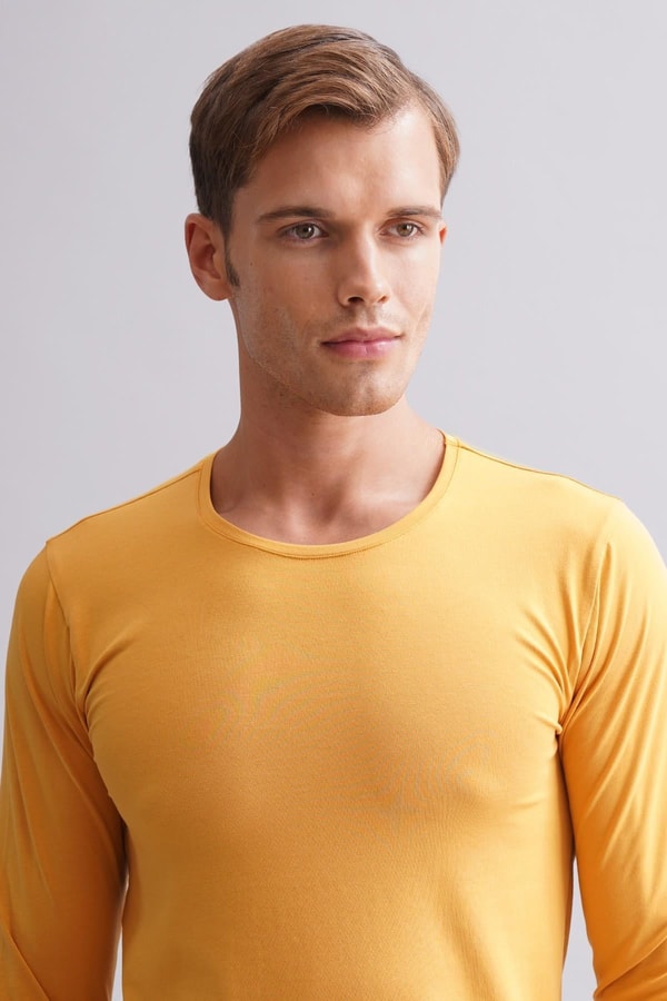 Mısırlı Modal by TENCEL HERCULES Slim Fit Bisiklet Yaka Uzun Kollu Fanila / T-Shirt Hardal