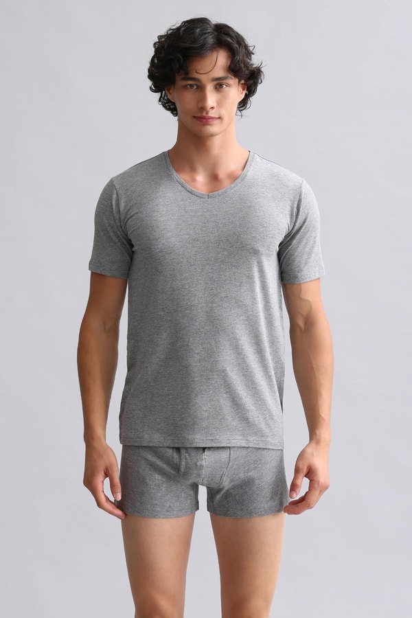 Mısırlı Modal by TENCEL HERCULES Slim Fit V Yaka Fanila / T-Shirt Gri Melanj