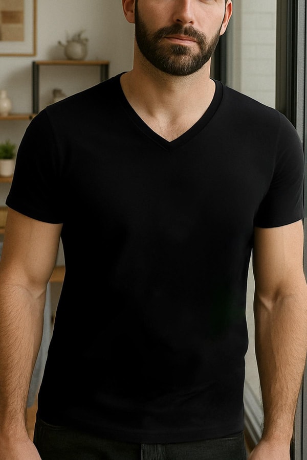 Mısırlı Modal V Yaka Regular Fit Fanila / T-Shirt Siyah