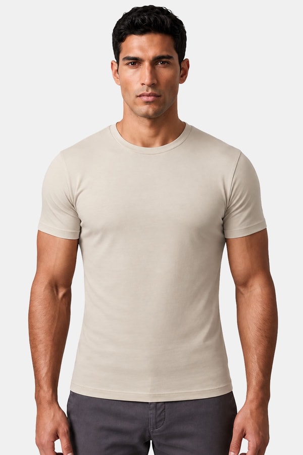 Mısırlı ORGANIC Pamuklu HERCULES Slim Fit Bisiklet Yaka Fanila Toprak Bej