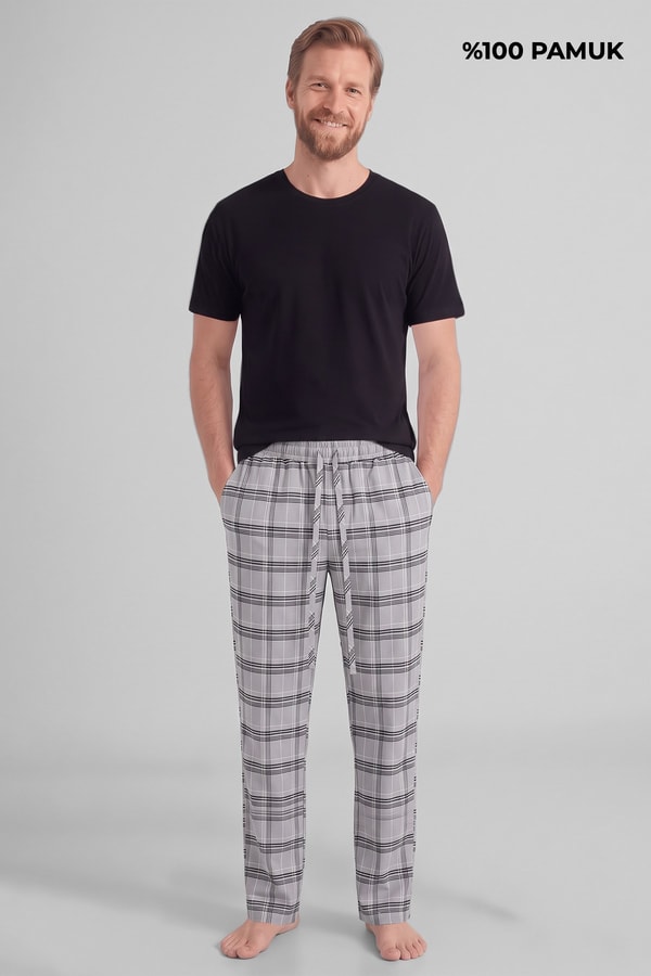 Mısırlı Pamuklu Erkek İkili Alt Pijama Ekose Gri-Kahverengi