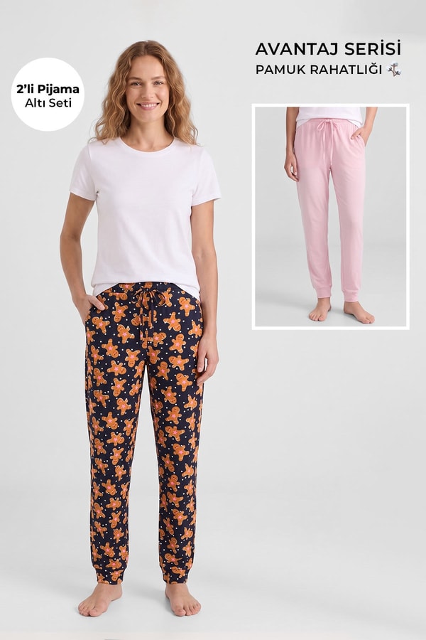 Mısırlı Pamuklu Kadın İkili Alt Pijama Baskılı Lacivert-Pembe