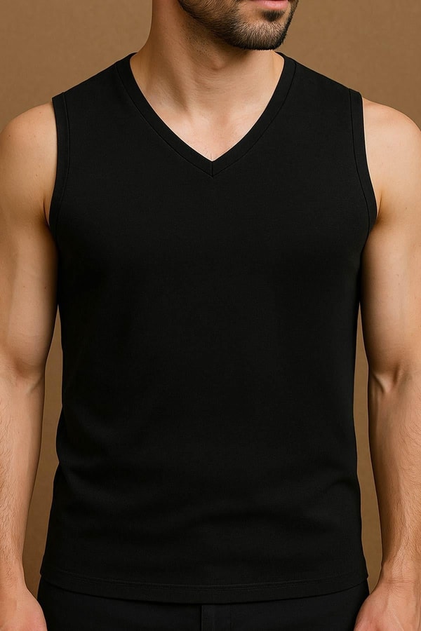 Mısırlı Pamuklu V Yaka Sporcu Regular Fit Atlet / T-Shirt Siyah