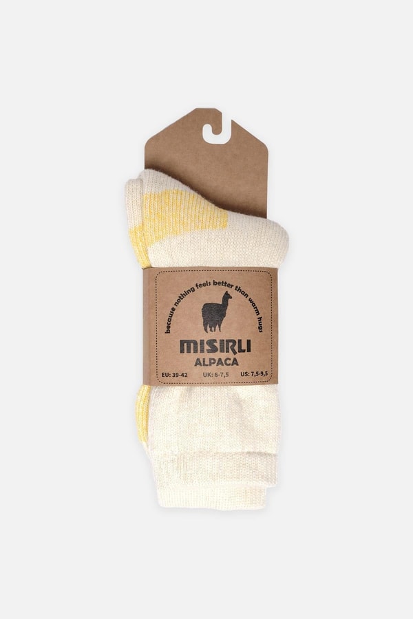 Mısırlı Unisex Alpaka Yünü Havlu Kışlık Soket Çorap Ekru/Sarı