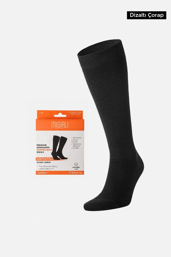 Mısırlı Unisex Merino Yününden Özel Sıkılaştırıcı Teknolojiyle Uçuş ve Pilot Diz Altı Çorap Siyah