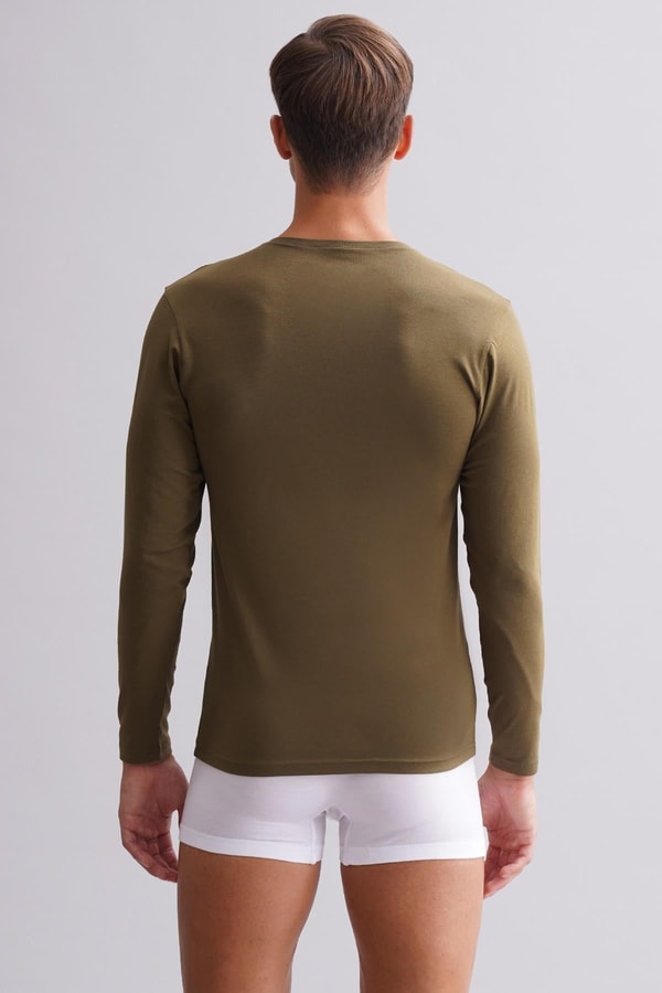 ORGANIC Pamuklu HERCULES Slim Fit Bisiklet Yaka Uzun Kollu Erkek Fanila Koyu Haki