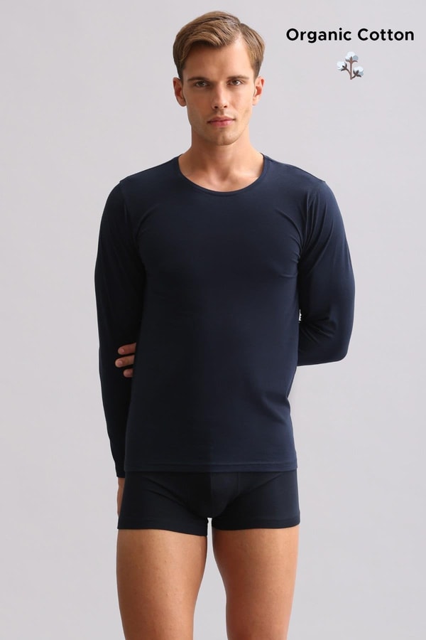 ORGANIC Pamuklu HERCULES Slim Fit Bisiklet Yaka Uzun Kollu Erkek Fanila Lacivert