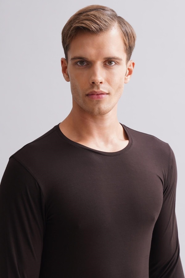 ORGANIC Pamuklu HERCULES Slim Fit Bisiklet Yaka Uzun Kollu Erkek Fanila Kahverengi