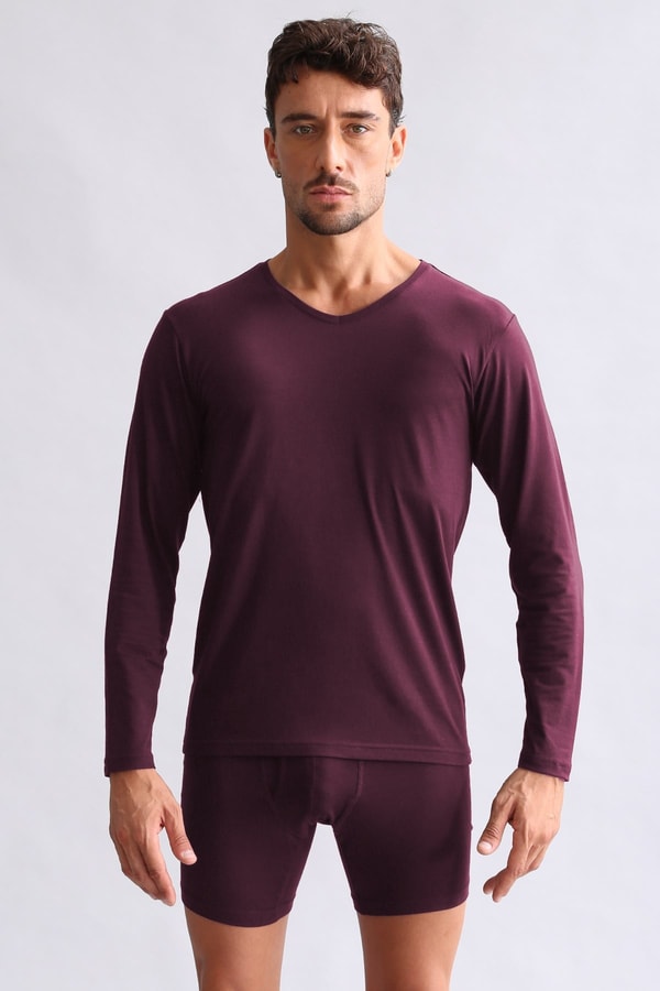 ORGANIC Pamuklu HERCULES Slim Fit V Yaka Uzun Kollu Erkek Fanila Mor