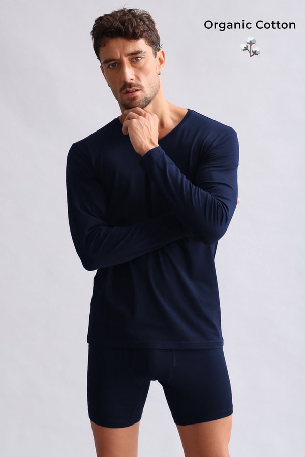 ORGANIC Pamuklu HERCULES Slim Fit V Yaka Uzun Kollu Erkek Fanila Lacivert