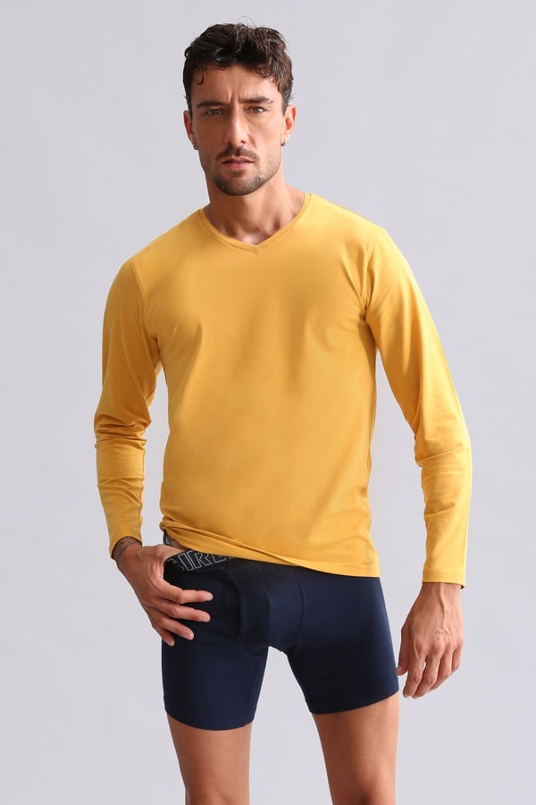 ORGANIC Pamuklu HERCULES Slim Fit V Yaka Uzun Kollu Erkek Fanila Hardal