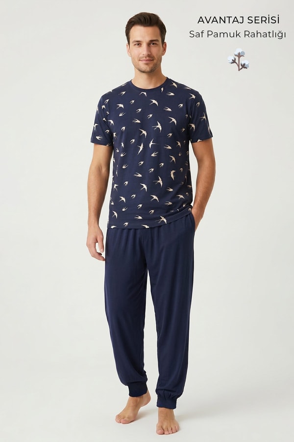 Pamuklu Kısa Kollu Pijama Takım Lacivert