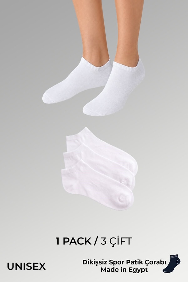 Socksmax Unisex Pamuklu Dikişsiz Üçlü Patik Çorap Beyaz