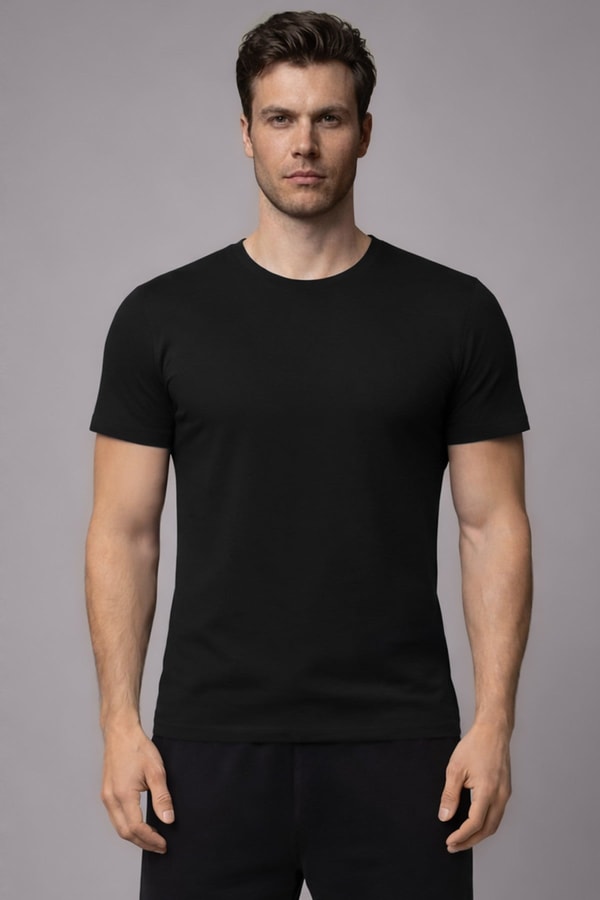 Unisex Modal Bisiklet Yaka İkili Tişört Siyah