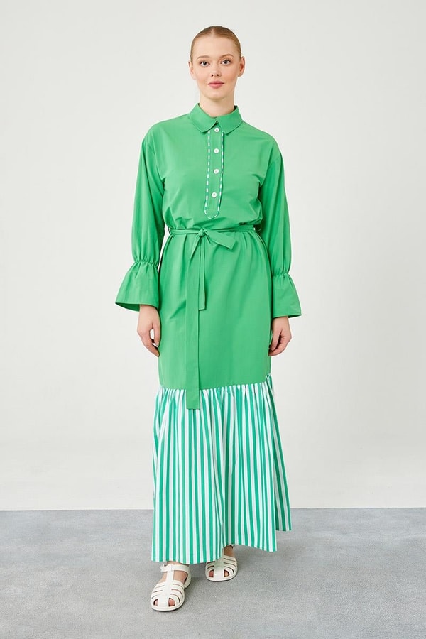 Benetton Çizgili Poplin Elbise