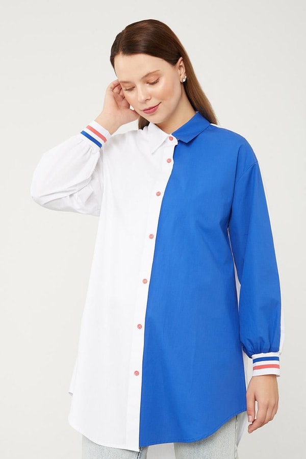 Ekru - Saks Çift Renk Ribanalı Poplin Gömlek